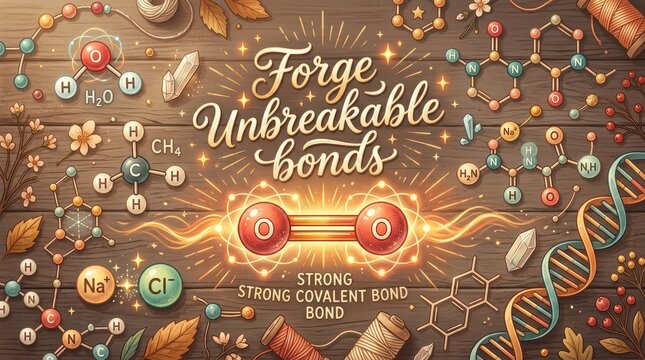 Creative illustration of chemical bonds, DNA, molecules and atoms on a wooden background with inspirational text.