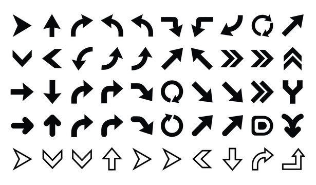 Collection of various hand drawn arrow icons and navigation symbols isolated on a white background for design