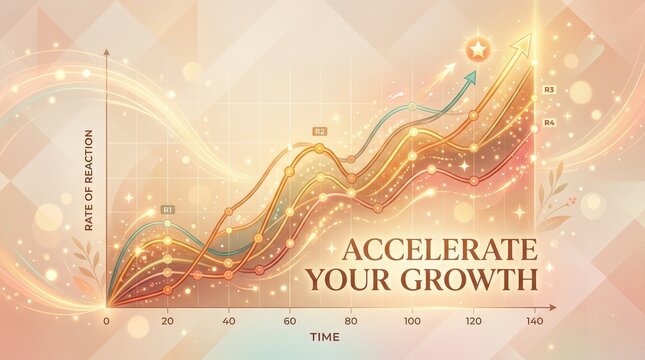 Dynamic line graph shows upward trend and exponential growth, symbolizing success, progress, and accelerating development with a shimmering background