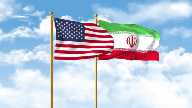 America and Iran 3D flag Comparison together on blue cloudy sky.