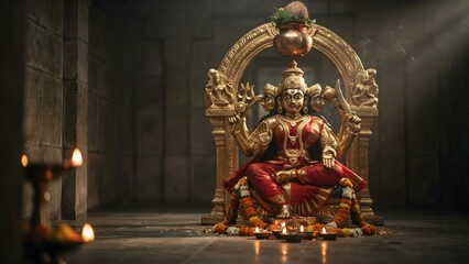 Fototapeta premium Golden Goddess Statue in Ancient Temple with Floral Decorations