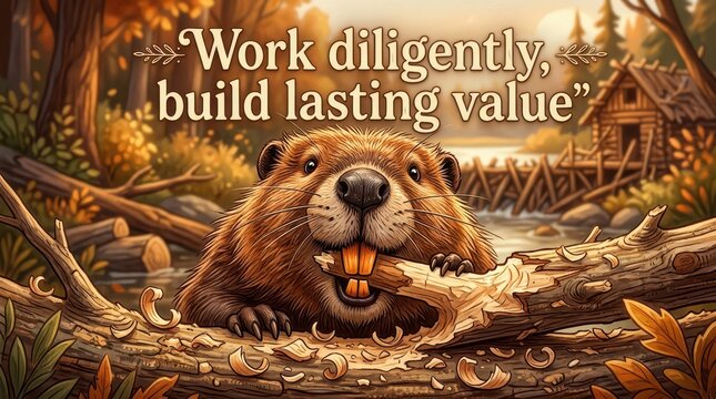 Cartoon beaver gnawing on a log in a forest with a dam and cabin in background, symbolizing hard work and lasting value.