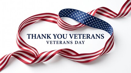 Obraz premium Veterans day commemorative graphic featuring elegant waving american flag ribbon forming an oval frame on a clean white background surface