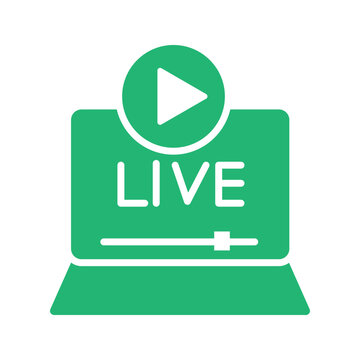 Minimalist outline icon of a laptop with a LIVE label, play button, and media slider, representing livestreaming, online broadcasting, digital content, and video communication.