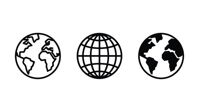 Globe earth vector icon set for worldwide travel, global network, web language selector, and planet UI