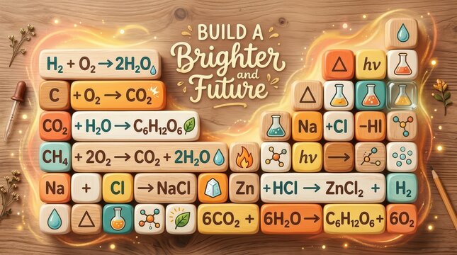 Educational chemistry concept with wooden blocks showing chemical formulas and reactions for a brighter future