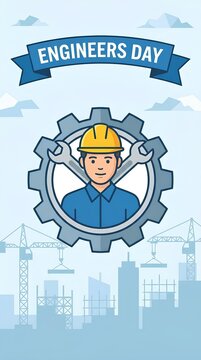 Engineers Day celebration banner featuring engineer avatar and industrial construction icons.