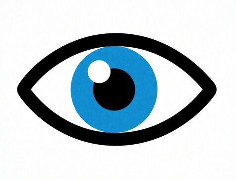 Stylized human eye illustration with bright blue iris, black pupil. Simple graphic icon shows vision, sight concept. Minimalist art design on white background. Symbol for perception, look, observe
