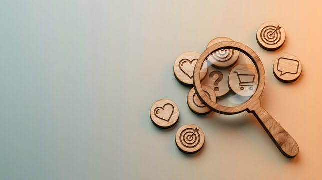 Marketing analysis, search and magnifying glass with customer insight for business, strategy and growth. Wooden icons, ecommerce and research on desk with shopping, targets and question marks.