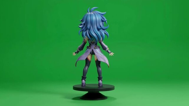 Collectible Anime Character Figure Rotating 360 Degrees on Green Screen Background, PVC Toy 3D Render