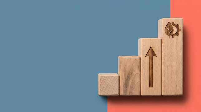 Sustainable business growth, wooden blocks and rising graph for eco industry progress with copy space. Success, environmental development and corporate strategy for green energy saving goal.