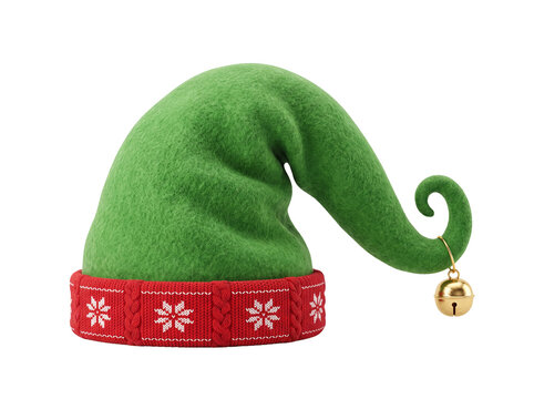 Green elf hat with red knitted brim and small golden bell isolated on white background christmas clothing accessory seasonal