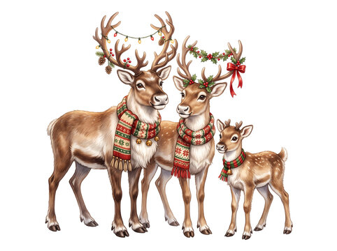 Watercolor illustration of a family of reindeer wearing festive scarves and holiday decorations with reindeer christmas watercolor