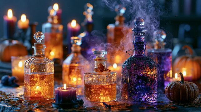 Mystical magic potions with glowing lights candles smoke and pumpkins