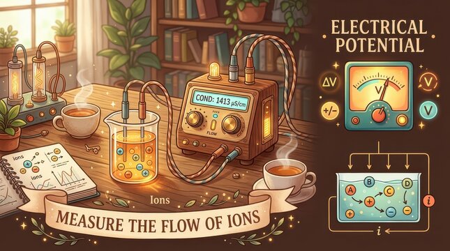 Educational illustration of electrical potential and ion flow measurement in a chemistry lab setting