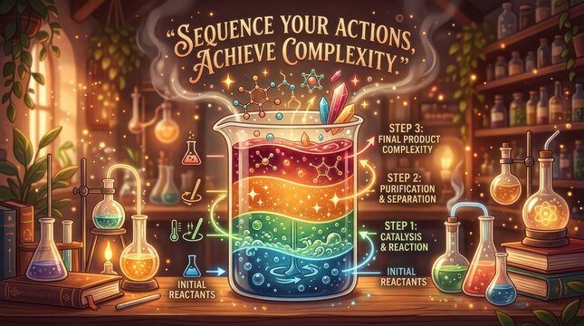 Enchanting Alchemy Lab with Rainbow Layers in Beaker, illustrating scientific processes: Sequence, Catalysis, Reaction, Purification, Separation, and