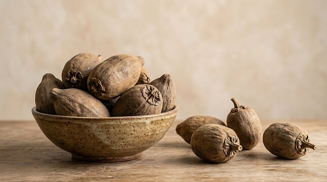 Fresh brown sapodilla fruits in a wooden bowl on a rustic table with a soft light background. baobab fruit bowl 