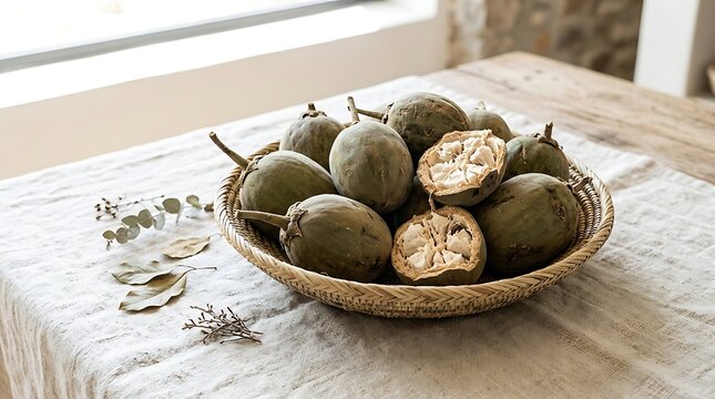 Fresh black sapote fruits in a rustic woven bowl on a wooden kitchen table. baobab fruit bowl 