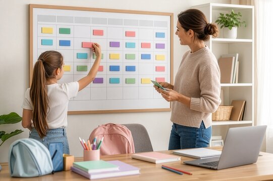 Parent and child organizing a blank weekly school timetable at home, representing homework planning, family routine and academic organization.