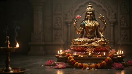 Fototapeta premium Serene Golden Statue of a Goddess Surrounded by Flower Offerings