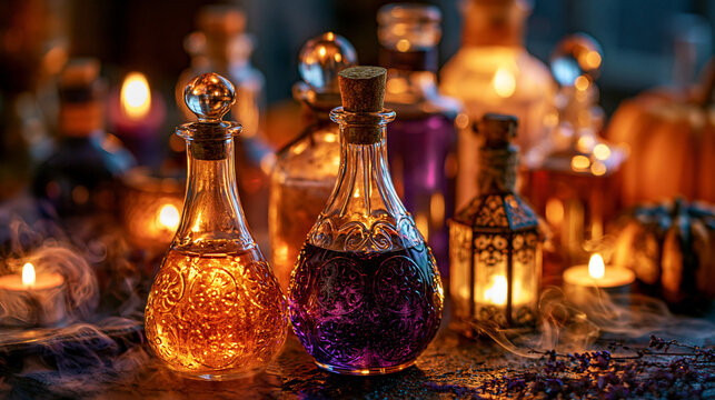 Mystical magic potions with glowing lights candles smoke and pumpkins