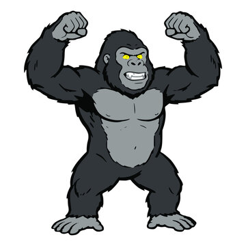cartoon angry gorilla primate stand wild animal character flat color vector illustration template design
