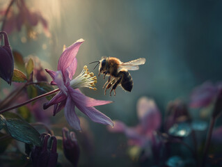 Fototapeta premium Bee flower pollination nature macro sunlight spring wildlife closeup vibrant delicate garden insect petal pollen outdoor natural environment colorful flora