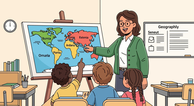 Teacher pointing at world map during geography class 2.