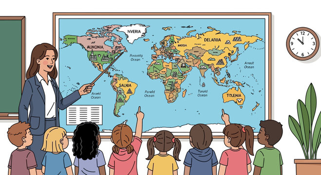 Teacher pointing at world map during geography lesson 2.