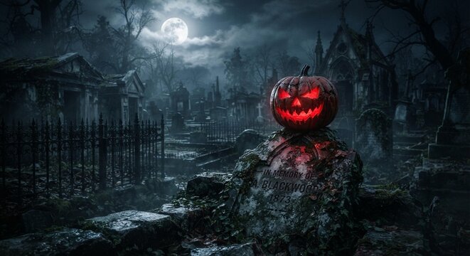 Spooky halloween night in a dark cemetery with glowing pumpkin
