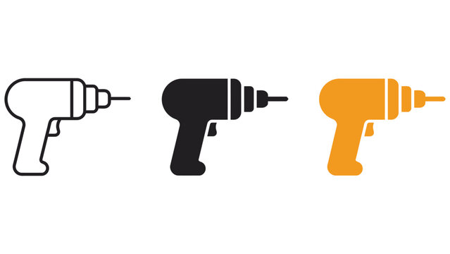 Three variations of a power drill presented in black outline, solid black, and solid orange, isolated on a white background, for hardware
