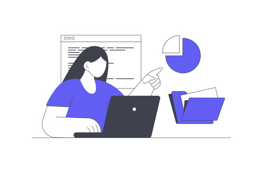 Server Infrastructure Management and Data Network Cloud Storage. Female Specialist Working on Laptop Pointing at Pie Chart near File Folder. Flat Cartoon Vector Illustration, icon Stylish abstract web