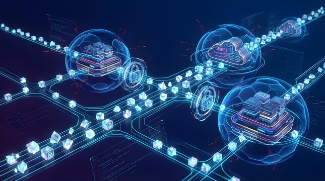 Encrypted data blocks traveling along secure pathways between protected server domes and cloud systems