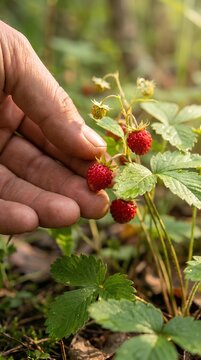 Hand picking fresh wild strawberries in garden.