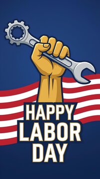 Hand holding wrench with American flag for Happy Labor Day message.