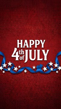 Happy 4th of July greeting card on a textured red background with blue stars ribbon border.