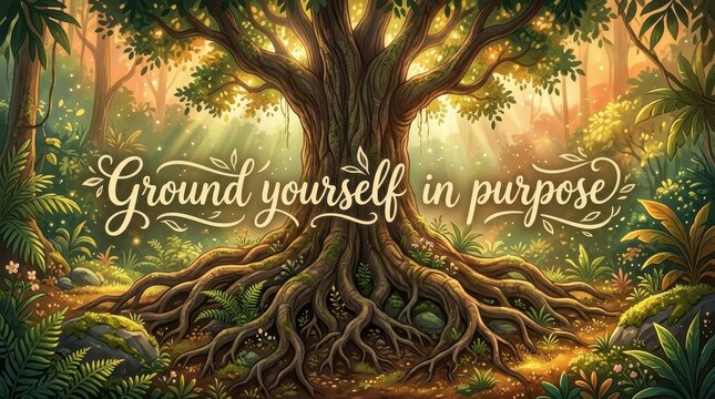 Enchanting ancient tree with massive roots and inspirational text 'Ground yourself in purpose' in a lush forest