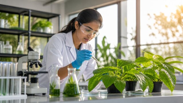 A female scientist wearing lab coat and safety goggles conducts research on green plants in an advanced laboratory, using a pipette and microscope for botanical experiments and photosynthesis process.