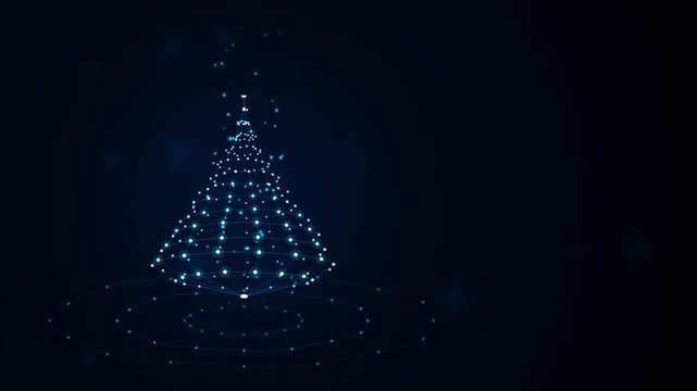 Dynamic 3D wireframe cone with glowing neon nodes and lines. Geometric cyber data structure and radar ripple effect animation.