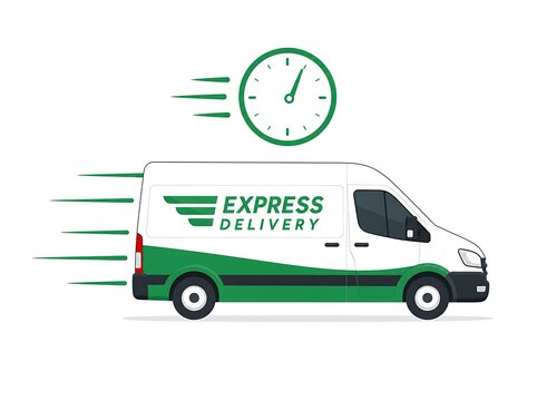 White delivery van vector icon moving fast under green clock face indicating express service.