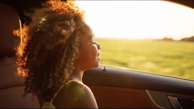 Young girl smiling by open car window in golden sunset over countryside