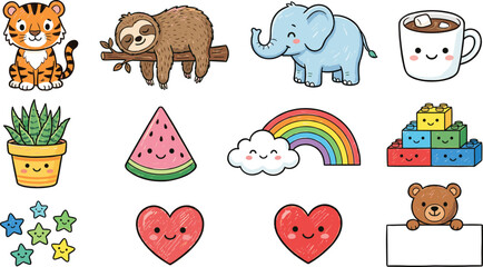 Fototapeta premium Cute Doodle Animals and Lifestyle Elements Vector Icon Set Featuring Tiger Sloth Elephant Watermelon Rainbow Toy Blocks Hearts and Kawaii Bear Signboard Illustration