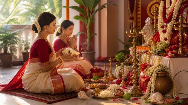 Traditional Indian women in elegant saris performing a sacred ritual during Durga Puja, holding a conch shell and offering prayers surrounded by brass lamps and flowers in a festive temple setting.