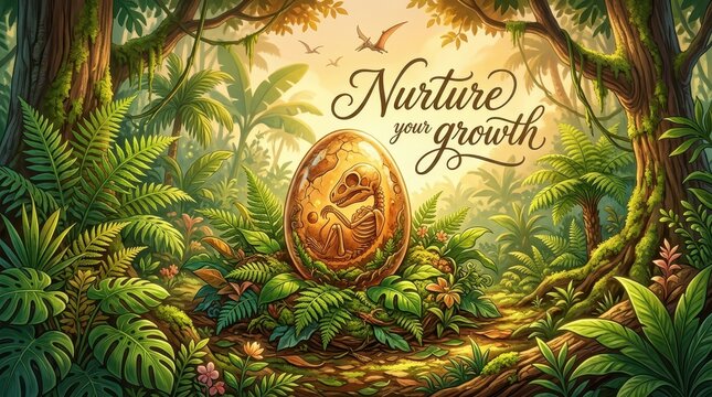 Dinosaur Egg Incubating in Lush Prehistoric Jungle with "Nurture Your Growth" Text
