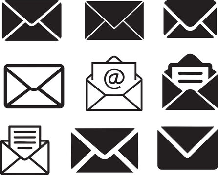 Set of black and white email envelope icons and letter symbols on white background with envelope ico