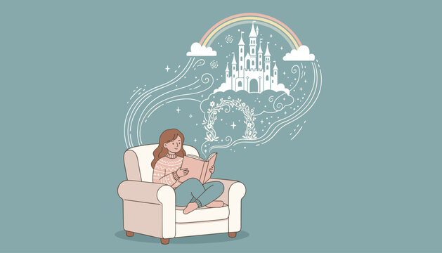 Young girl relaxes on a cozy armchair while reading a book that sparks her imagination with a magical castle and rainbow.