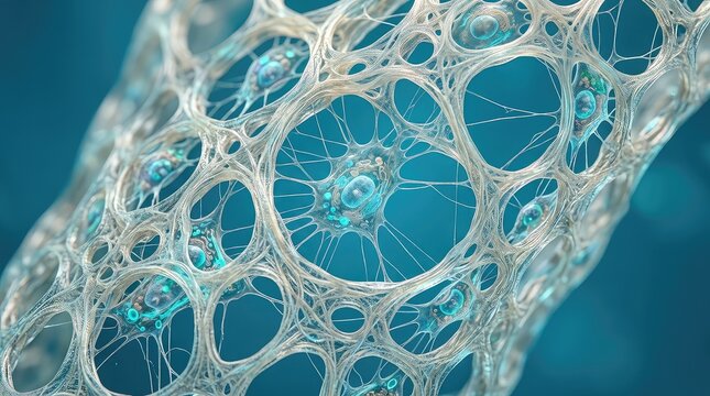 Extreme close-up of a futuristic porous bioactive membrane, thousands of irregular microscopic openings distributed through a translucent flexible biomaterial, 