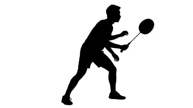 Man playing badminton in motion during a game on an isolated background