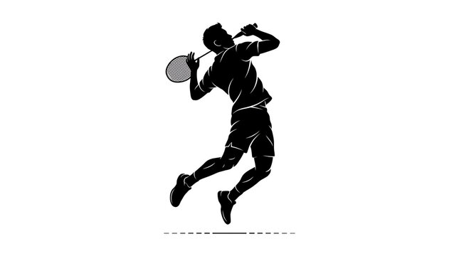 Man playing badminton jumping smash with racket during outdoor game with focused motion