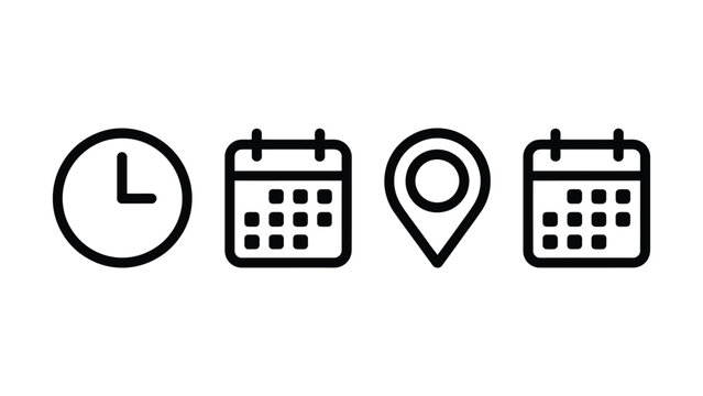 Clock, calendar, and location pin vector line icon set for event scheduling, time management, navigation, and UI design